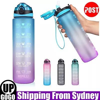 1L Water Bottle Motivational Drink Flask With Time Markings BPA Free Sport Gym • $15.85