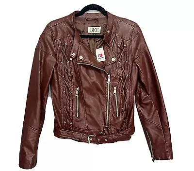 NWT BKE Full Zip Faux Leather ￼Y2K Jacket Retro￼ Moto￼ ￼Chocolate Brown ~Small • $39.99