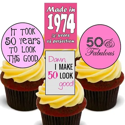 50th Birthday Female Edible Cupcake Toppers - Standup Cake Decorations Girl 1974 • £2.99