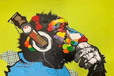 Chimpanzee With Headphones 24 X 36” Modern Oil Painting On Canvas • $199