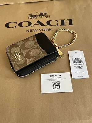 Coach Zip Card Case Block Signature Canvas ID Chain Wallet Bag Charm NWT C1885 • $104.83