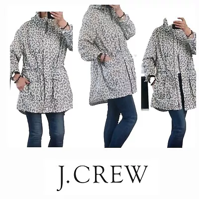 J Crew Sz XL Rain Resistant Hoodie Jacket Ivory Gray Full Zip Pockets Leopard   • $34.99