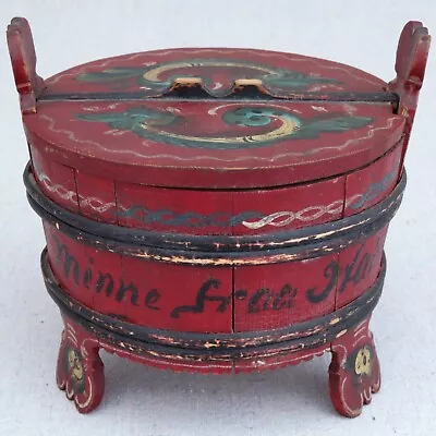 Antique Norwegian Rosemaling Painted 3 Leg Porringer Butter Tine Box Hallingdal • $124.99