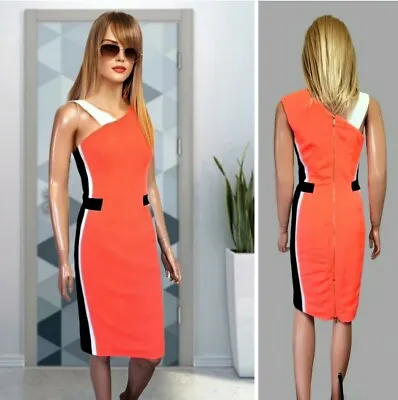 £19.99 • Buy Celeb Boutique Dress Size S Neon Orange Mix Colourblock Sleeveless Bodycon #28