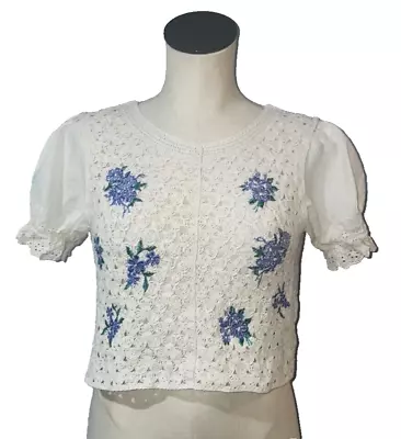 ZARA Embroidered Crochet Puff Sleeve Crop Top Women's Size S Layered 2pc Look • $29.99