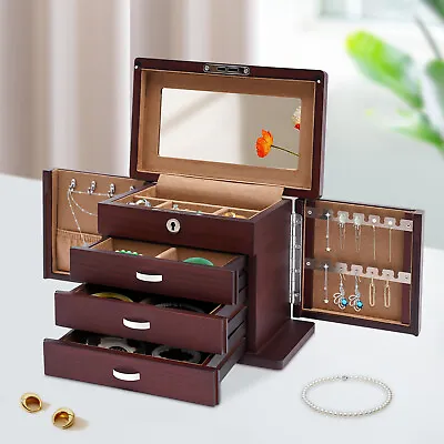 4-Layer Large Wooden Jewelry Box Large Wooden Jewelry Box With Drawers Key Lock • $60