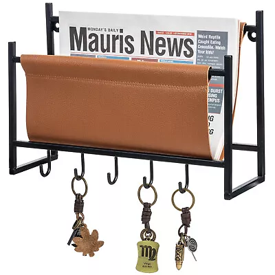 Black Metal Hanging Magazine Rack Wall Mounted Mail Organizer W/ 5 Key Hooks • $29.99