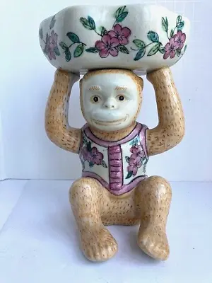 Vintage Ceramic Chinoiserie Monkey Holding Bowl Hand Paint Grandmillennial Style • $118