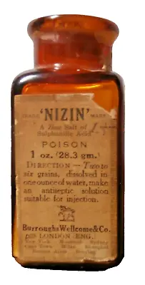 Antique Burroughs Wellcome B.W. & Co. London England Amber Nizin Bottle W/ Label • $18