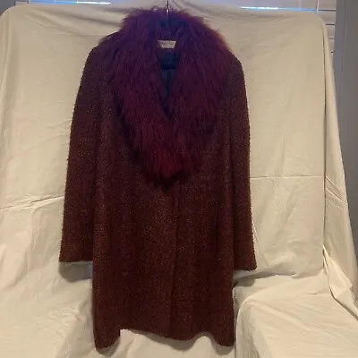 Madeline By Alorna Long Coat Faux Fur Collar Burgundy Fully Lined Size 14 • $19