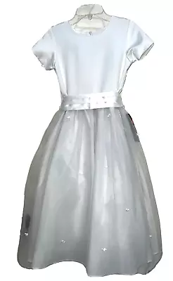 New US ANGELS WHITE ORGANZA DRESS W/ ACCENT BEADS GIRLS SZ 10 Was $176 NWT • $32.99