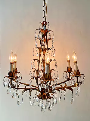 Vintage Italian French Gilt Tole Basket Chandelier 6 Arm 116 Crystal Prisms • $895