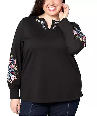 Quacker Factory Floribunda French Terry Split Neck Puff Sleeve Top Blk • $24.99