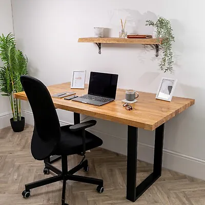 Solid Oak Industrial Wood Desk | Wooden Home Computer Office Gaming Workstation • £134.99