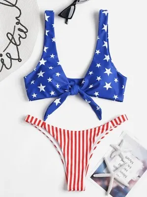 Med-ZAFUL American Flag High Leg Bikini Set Tie Front Bikini Red White And Blue  • $5