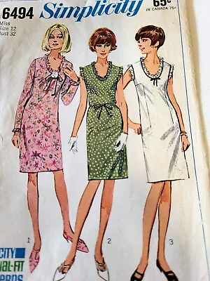 Vintage 1960s Simplicity 6494 Mod Dress Sewing Pattern SZ  12 B 32 CUT Complete • $6.99
