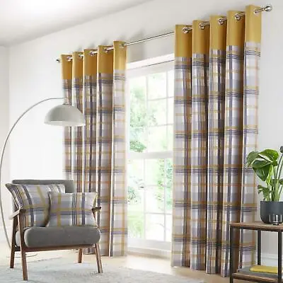 £25.99 • Buy Check Curtains Eyelet Ring Top Lined Ochre Yellow Grey Taupe Tartan Ready Made 