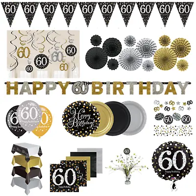 60th Birthday Party Black Gold Decorations Tableware Plate Napkin Banner Bunting • £2.49