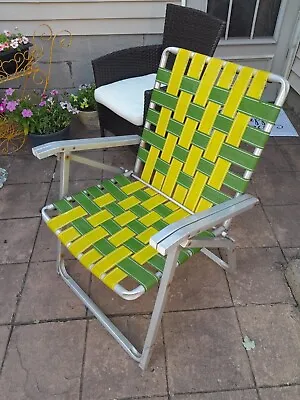 Large Vintage Aluminum Folding Nylon Webbed Lawn Chair Metal Arms Green Yellow  • $20