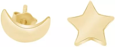 Asymmetric Moon And Star Charm Stud Earrings 14K Yellow Gold Plated Sterling • $104.32