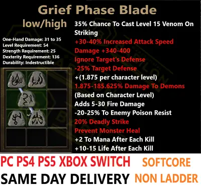 ✅PC PS4 PS5 XBOX SWITCH✅Non-L Grief Phase Blade Diablo 2 Resurrected Items D2R • $2.50
