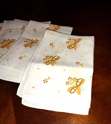 Vintage Set Of 6 Madeira Portugal Pure Linen Placemats Embroidery Flower Bouquet • $15