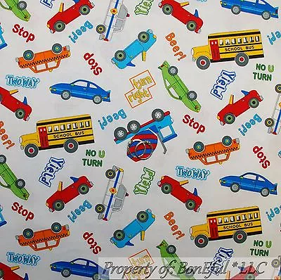 BonEful Fabric FQ Cotton Quilt White Red Blue CAR Truck School Bus B&W Dot Mask • $18.50