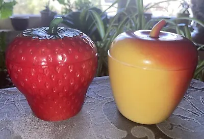 VTG Hazel Atlas Milk Glass Strawberry & Apple Jelly/Jam Jars Set Of 2 • $36.70