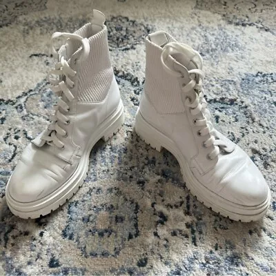 Gianvito Rossi White Martis Rib-Knit Leather Combat Boots Sz 7.5 Fair Condition • $55