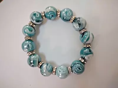 Murano ART GLASS Stretch Bracelet Textured Swirled Beads Turquoise W/ Rhinestone • $10.99