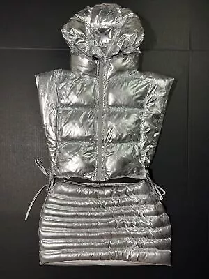 Half Heart Silver Metallic Shiny Vest Skirt Set Padded Qulited Puffer Womens S • $108