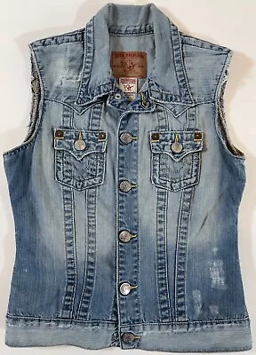 True Religion Jimmy Sleeveless Distress Denim Jacket Vest Size M (MSRP $248) • $64.99