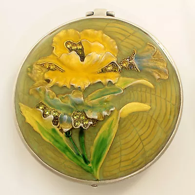 Jeweled Flower Motif Antique Look Compact Mirror Enamel Painted W/ Crystals  • $23