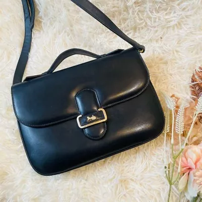 Vintage Old CELINE Leather Handbag Shoulder Bag Crossbody Carriage Black Italy • $268
