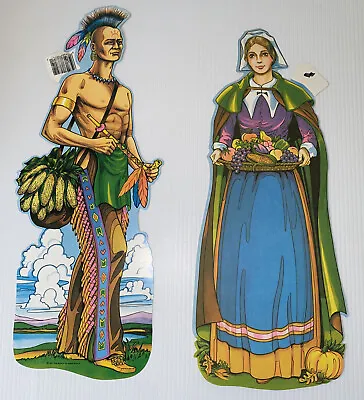 Vintage Thanksgiving Pilgrim Woman Native American Indian Die Cut-Out Card Stock • $16.39