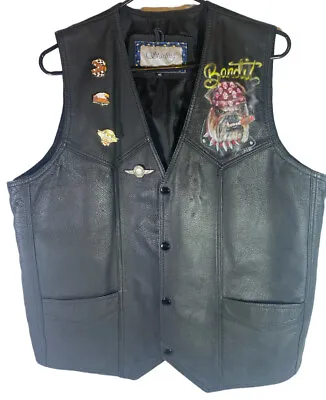Vintage Starling Airbrushed Leather Motorcycle Biker Vest Bandit Bulldog + Pins • $99.97