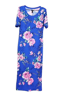 GILI Casual Maxi Dress S Royal Blue Floral Short Sleeves High Slit Stretchy • $27.95