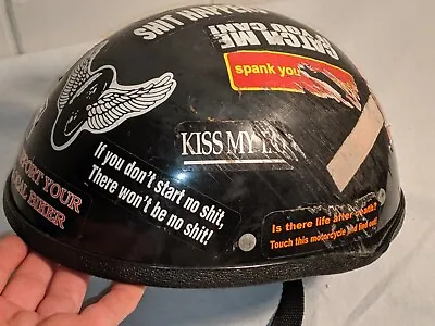 Vintage Biker Motorcycle Half Helmet Adorned With  Stickers & Road Rash • $75