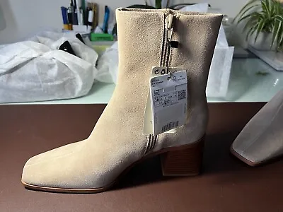 Mango Heel Suede Ankle Boots Leather UK5 Square Toed Block Heel 7cm Heel EU38 • £46