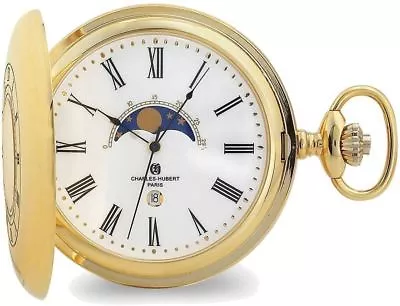 Charles Hubert Gold-Finish Open Window Moon Phase Pocket Watch • $267.95