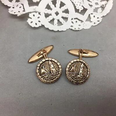 Lighthouse Sailboat Cufflinks Vintage 5/8  Gold Tone Nautical Sea Ocean Sailing • $12.49