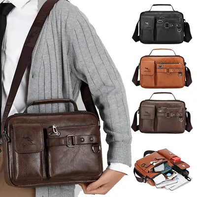 Mens Leather Messenger Bag Vintage Briefcase Laptop Shoulder Handbag Work Bag • £13.29