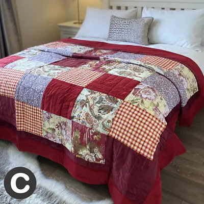 £89.95 • Buy Luxury Deep Red Patchwork Quilt Bedspread Double King Size Floral Velvet Cotton