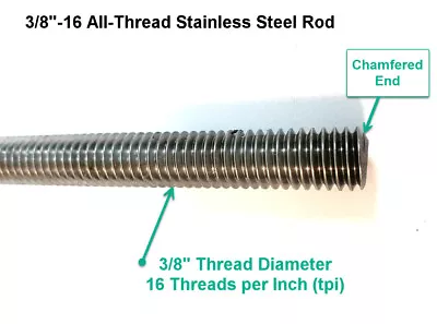 ALL-THREAD ROD STAINLESS STEEL Size: 1/4 ; 3/8 ; 1/2  [Length Selectable] • $11.99