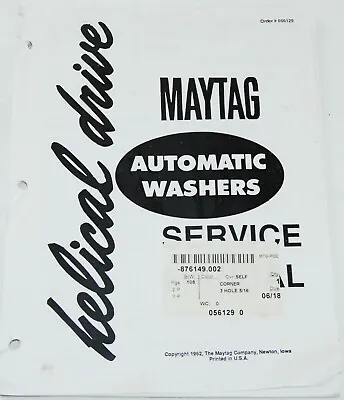 VTG 1962 MAYTAG ‘Helical Drive” Automatic Washers Service Manual #056129 • $19.99