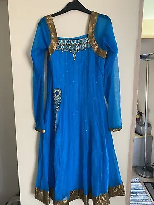 £25 • Buy Women’s Pakistani Indian Anarkali 3 Piece Blue And Gold Dress Suit In Size 38