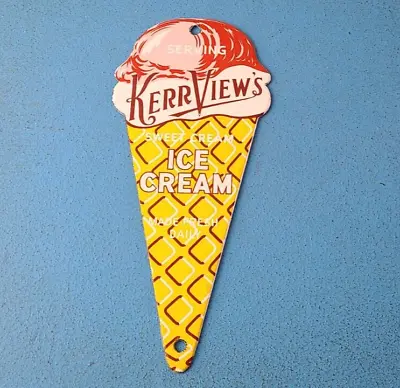 Vintage Ice Cream Sign - Kerr VIew's Shop Gas Station Pump Porcelain Sign • $127.37
