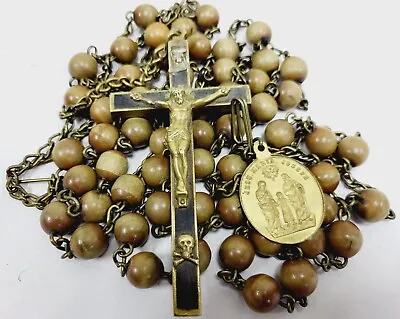 Vtg Hand Made Nun Habit Rosary Skull Crucifix Medal Wood Beads 5 Decades 60 ‘’ L • $182.89
