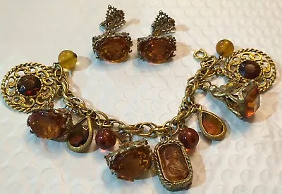 VTG Etruscan Revival Gold Tone Chunky Amber Charm Bracelet And Earrings  • $40