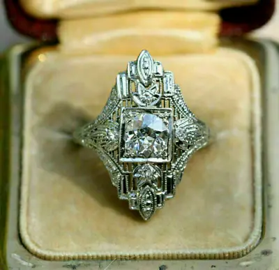 Vintage Art Deco Round Real Moissanite Filigree Engagement Ring 14K Gold Plated • $137.99